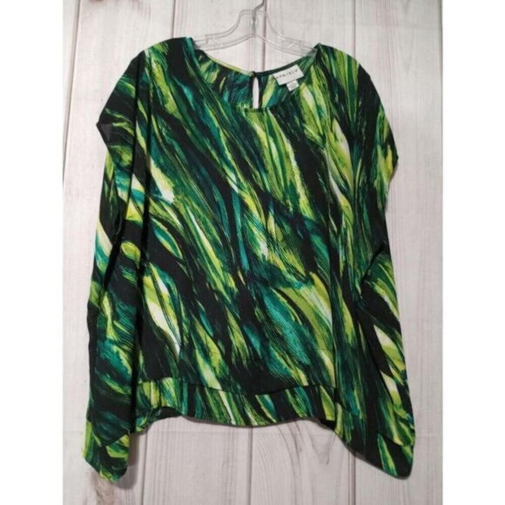Ava & Viv Womens 1X Green Black Abstract‎ Print Short Sleeve Keyhole Blouse Top